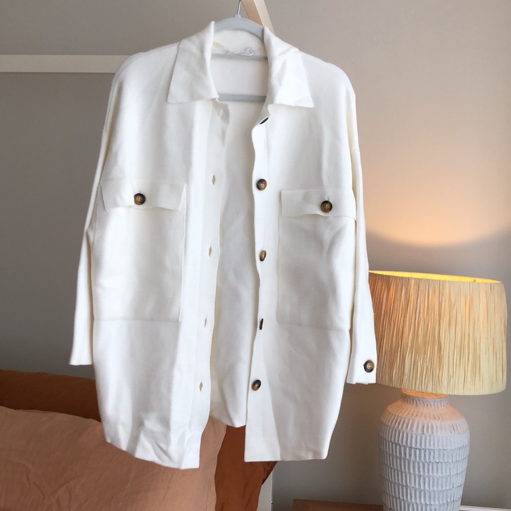 Mango knit cardigan shirt jacket in ivory
